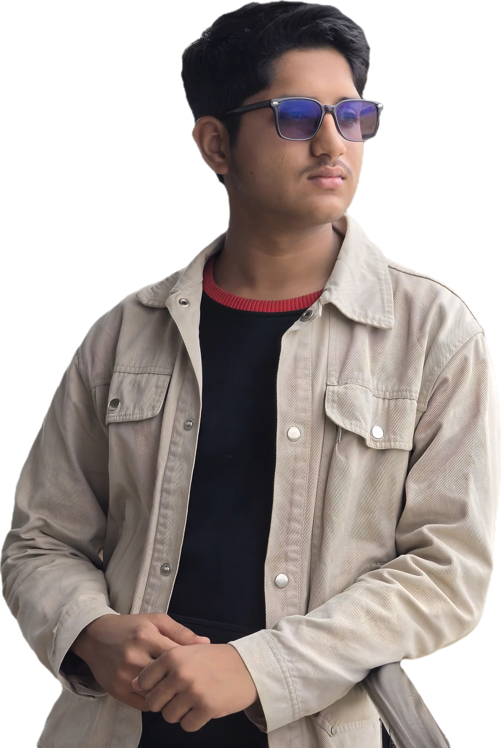 Rupak Pandey, shown split down the middle — one half graded warm, the other monochrome.